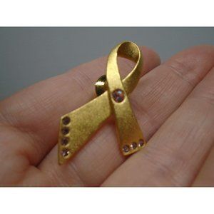 Avon Ribbon Pin Matte Gold Tone Pink Rhinestone Breast Cancer Awareness 1.5 in